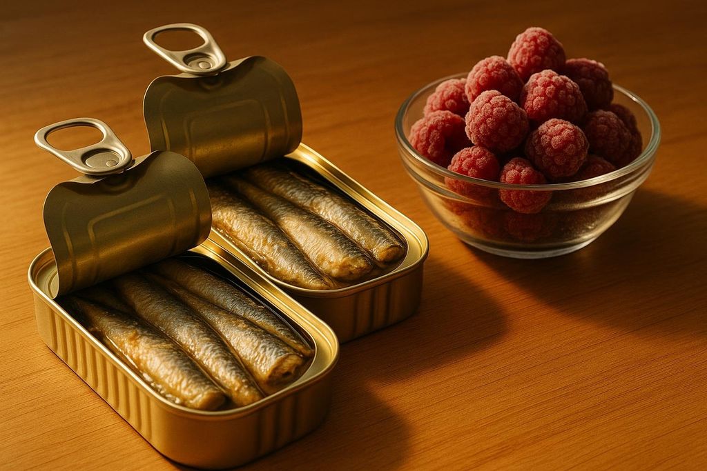 Two open cans of sardines on a wooden table, next to a clear glass bowl filled with frozen raspberries, highlighting nutrient-dense and budget-friendly food options.