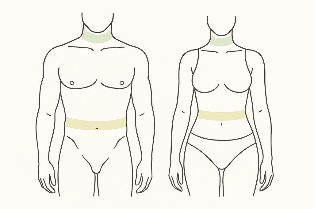 Diagram showing shaded regions on male and female figures indicating the neck, waist, and hip measurement locations for the U.S. Navy body fat calculation method.
