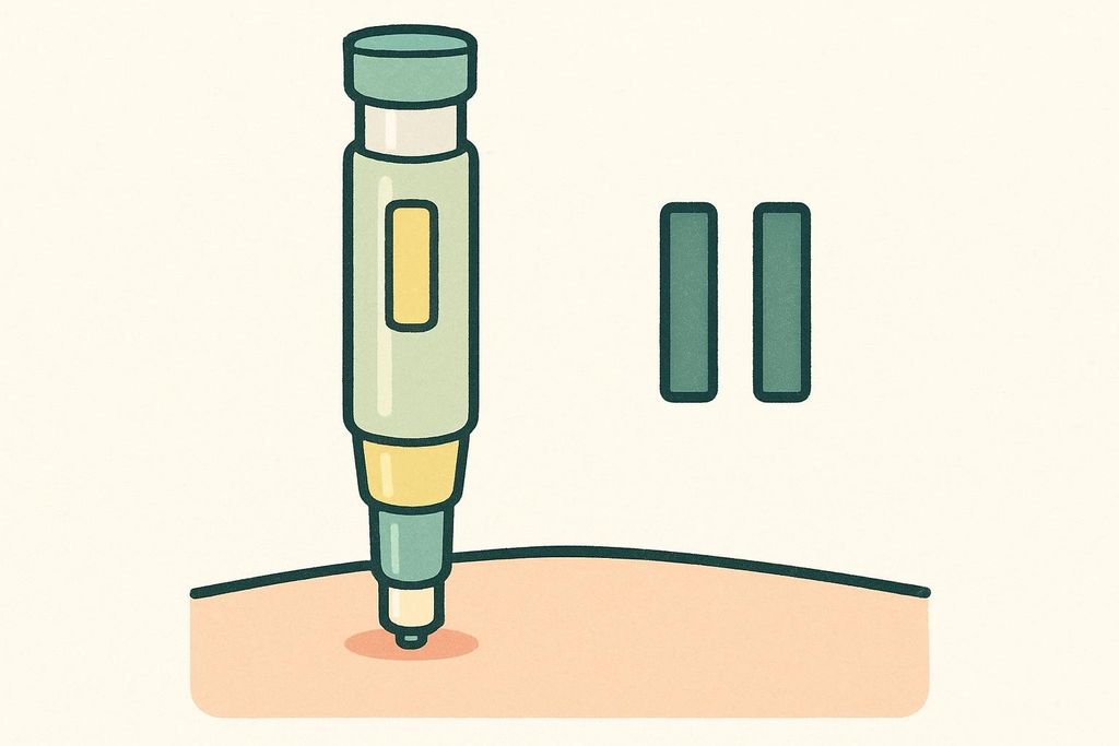 An illustration showing a green and yellow injection pen pressing against a light-skinned arm. To the right of the pen are two vertical bars, representing a pause symbol, indicating a hold time for the injection.