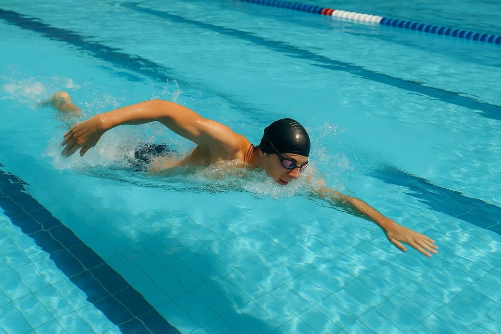 A person wearing a black swim cap and goggles swims freestyle in a vibrant blue pool, with swim lanes visible in the background.
