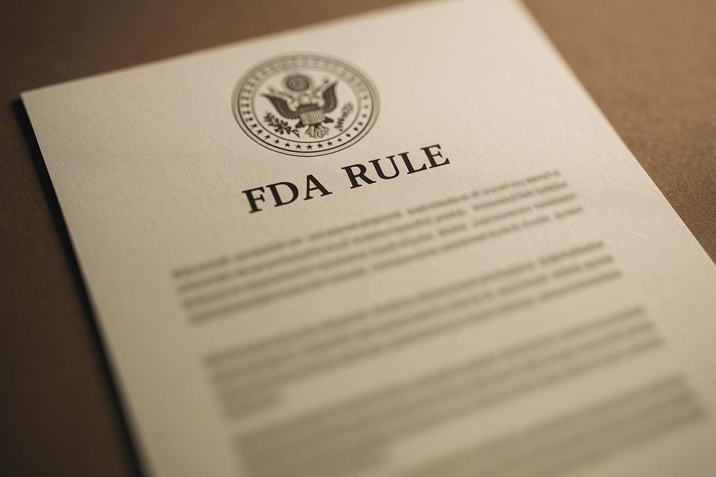 A close-up of a document with the words "FDA RULE" and the FDA seal prominently displayed, indicating an official regulation.