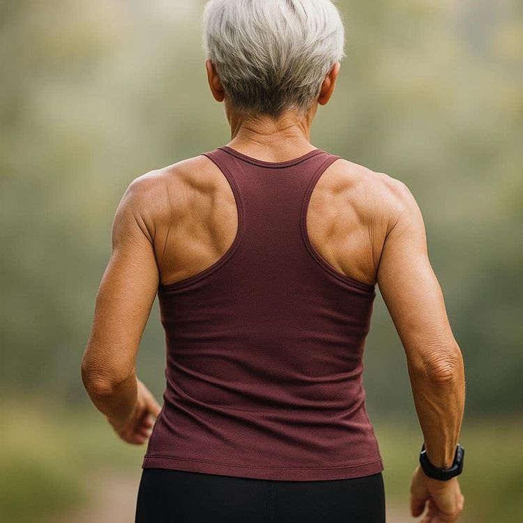 Close-up of the back of a strong, mature female runner
