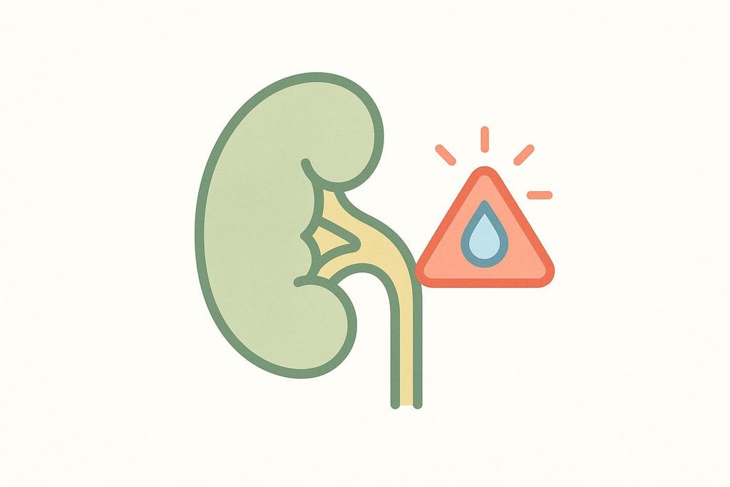 An illustration of a kidney with a warning sign next to it. The warning sign is a red triangle with a blue water droplet in the center, encircled by radiating lines, suggesting caution regarding dehydration or kidney health.