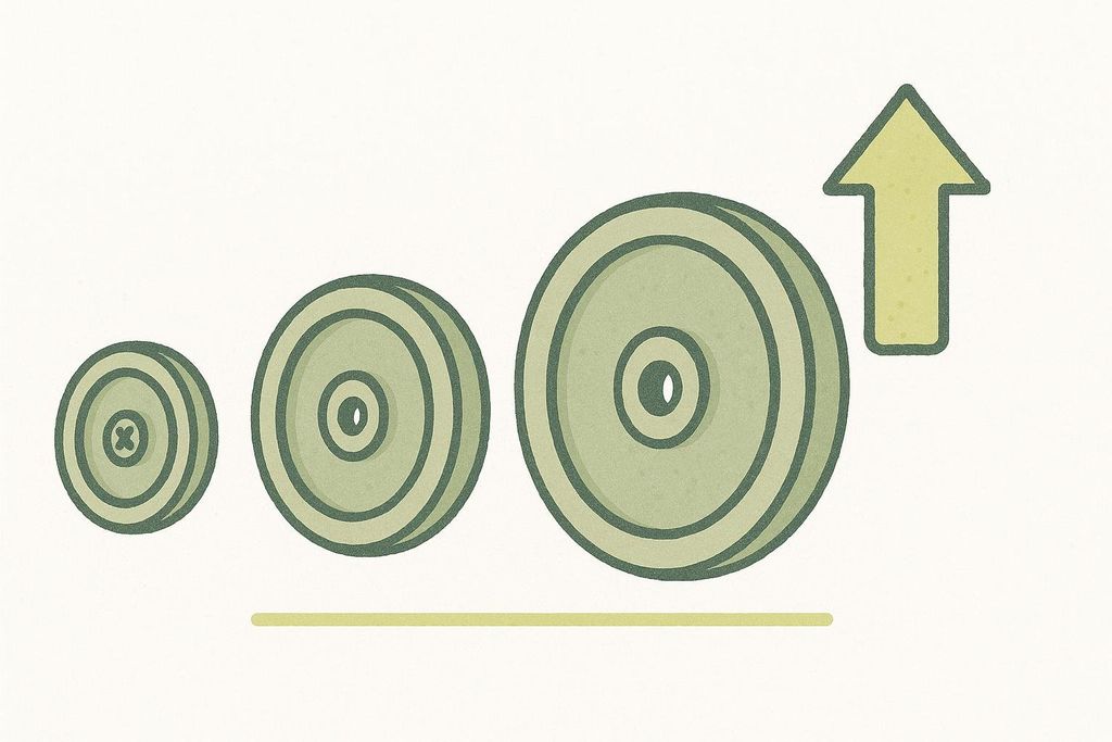 Illustration showing three weight plates of increasing size, with an upward arrow, representing progressive overload in strength training.