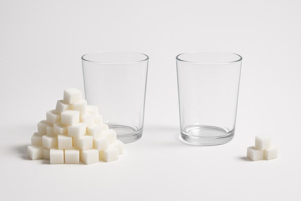 A visual comparison of sugar content: a large pile of sugar cubes (representing 39g) next to a very small pile (representing 3g), with two empty glasses in the background.