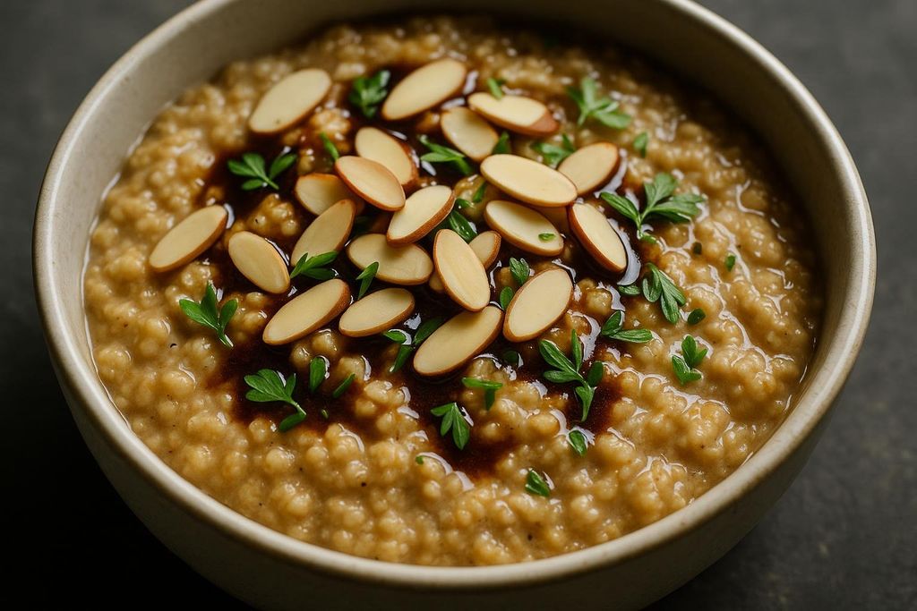 A close-up shot of a bowl of savory bone-broth protein oatmeal, garnished with glistening sliced almonds and fresh parsley. A dark sauce is drizzled over the top of the oatmeal.