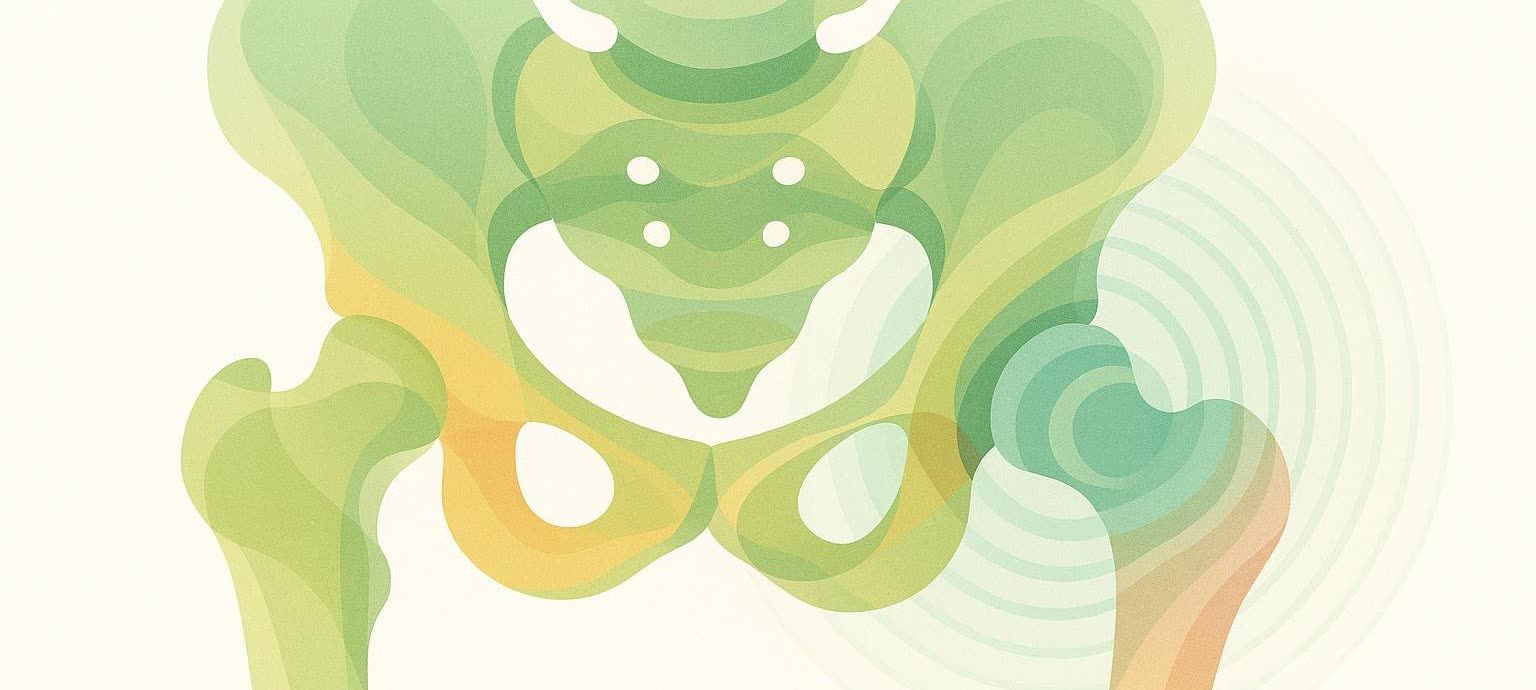 An abstract illustration of a human hip joint, rendered in shades of green, yellow, and subtle orange. The bones are depicted with fluid, translucent shapes, suggesting a sense of movement or health. Radial lines emanate from the right hip, indicating a focal point or dynamic activity within the joint.