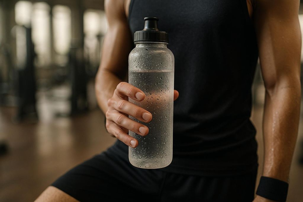 A close-up of an athlete in black athletic wear, holding a clear water bottle with condensation, emphasizing the need for rehydration after a workout in a gym setting.
