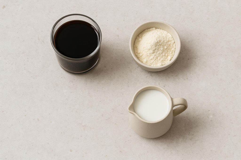 Overhead shot of ingredients for protein coffee. A glass of dark coffee, a bowl of white protein powder, and a small pitcher of milk are arranged on a light gray countertop.