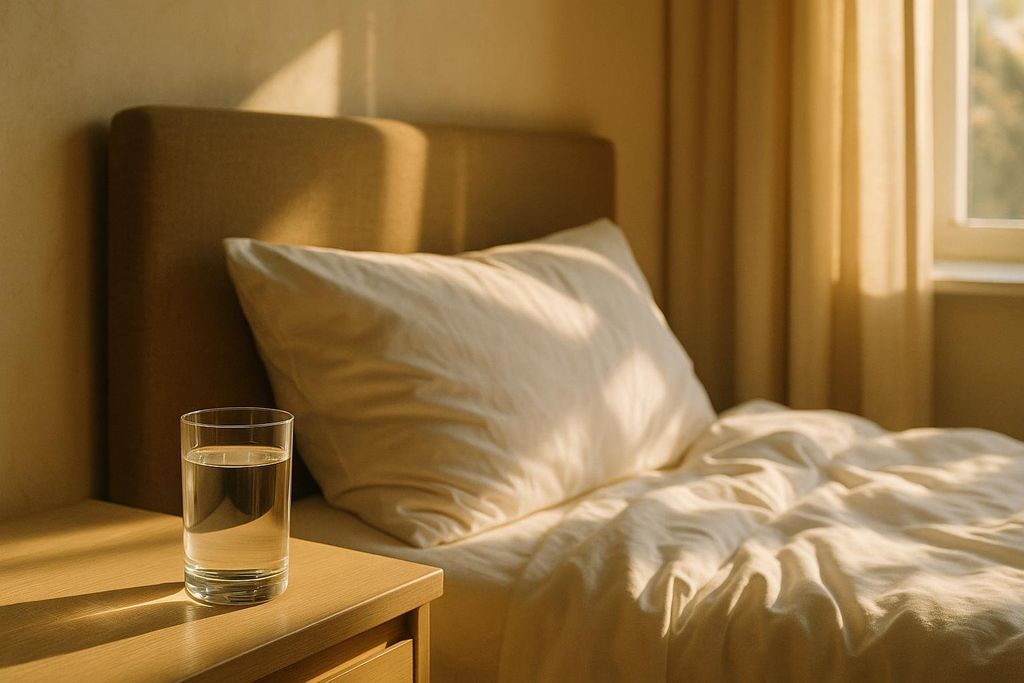 A clear glass of water sits on a wooden nightstand, illuminated by warm morning sunlight streaming into a bedroom. A an unmade bed with a white pillow and duvet is visible in the background, next to a window with light-colored curtains.