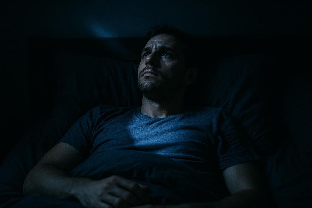 A man lies awake in bed in the dark, staring up at the ceiling with an exhausted or thoughtful expression, unable to sleep. A soft blue light illuminates part of his face.