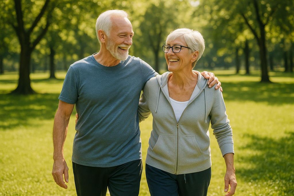 An older couple walking happily in a park with their arms around each other.