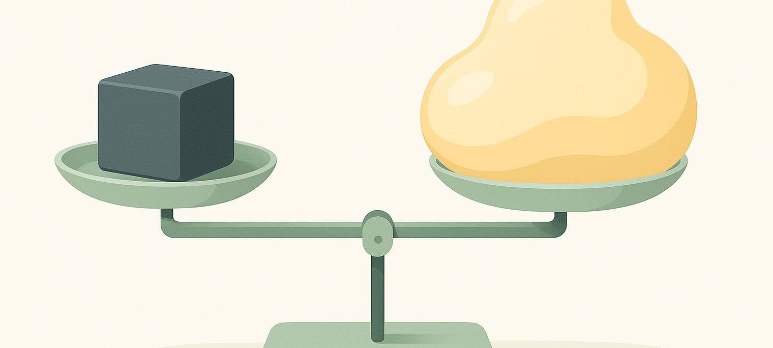 An illustration showing a small, dense gray cube representing muscle and a large, bulbous blob of yellow representing fat, both perfectly balanced on a scale, demonstrating that they weigh the same despite their different volumes.