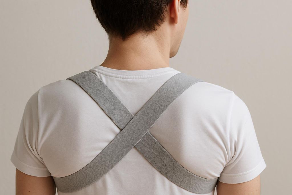 A person viewed from behind, wearing a light grey elastic figure-8 posture corrector over a white t-shirt. The straps cross in the middle of their upper back.