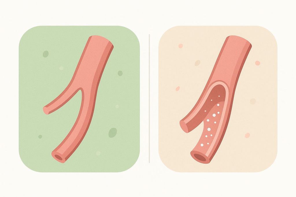 Illustration comparing a healthy, clean artery with an artery that has mineral deposits, known as calcification. The healthy artery is shown on a light green background, appearing smooth and unobstructed. The calcified artery is shown on a light beige background, with white dots representing mineral deposits inside its lumen, indicating narrowing and hardening of the vessel.