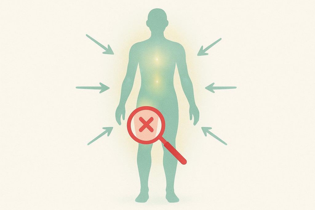 An illustration showing a human silhouette with arrows pointing towards it from all sides, indicating overall fat loss. A magnifying glass with an 'X' mark is placed over the lower abdominal area, debunking the myth of spot reduction.
