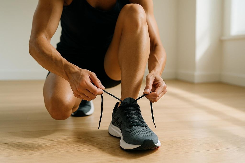 A person tying running shoes, illustrating the lifestyle aspect of health tracking.