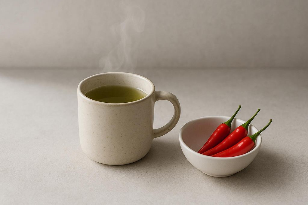 A close-up shot of a steaming mug of green tea next to a small white bowl containing three bright red chili peppers, set against a neutral background.
