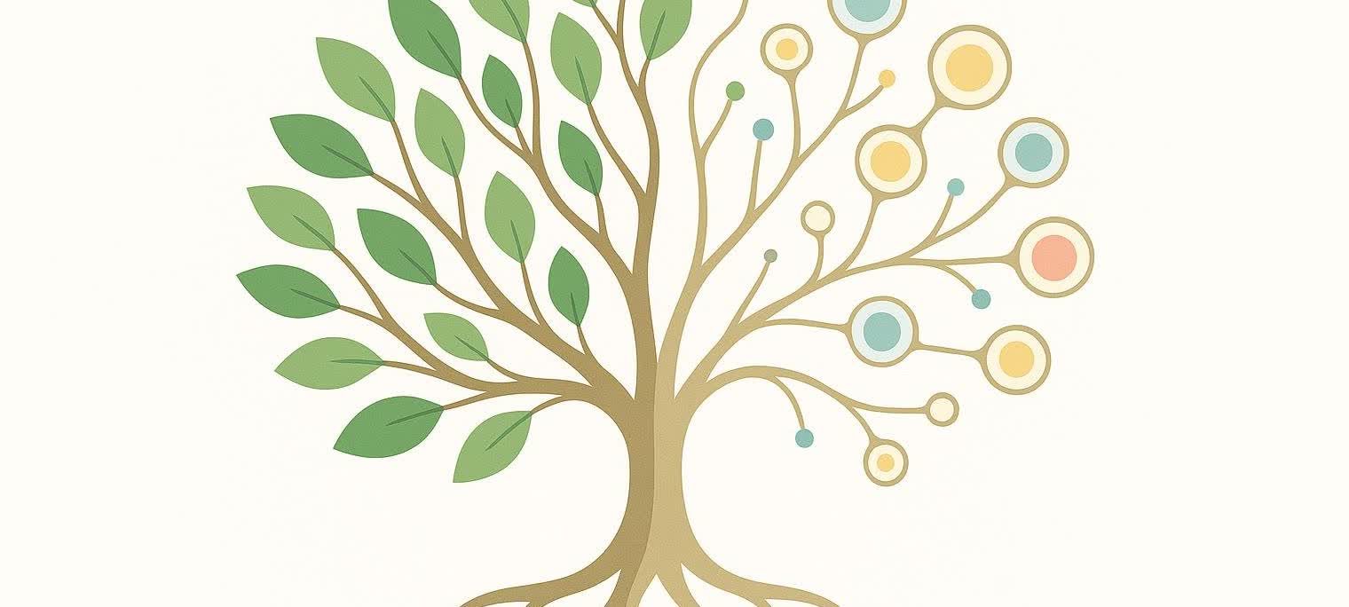 An abstract illustration of a tree from its roots to its branches. The left side of the tree has green leaves, while the right side has colorful circles in blue, yellow, and red, representing a different kind of growth or connection.