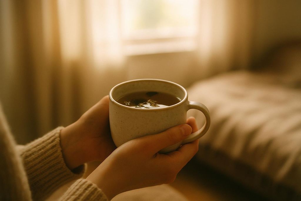 A person's hands gently cup a light-colored mug filled with tea. The background is softly blurred, showing warm, natural light from a window and hints of a bed, suggesting a peaceful, indoor setting.