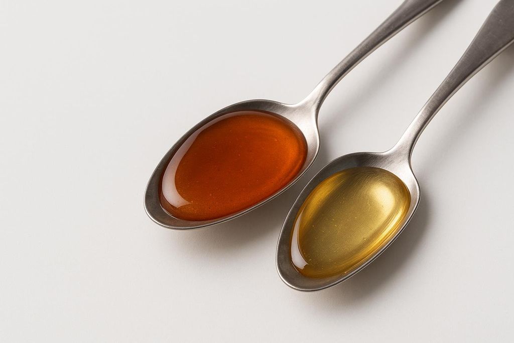 Overhead view of two metal spoons, each holding a different golden-brown liquid. One spoon contains a reddish-brown liquid, likely honey, while the other holds a lighter, clear golden liquid, likely agave syrup. They are placed slightly angled on a white surface.