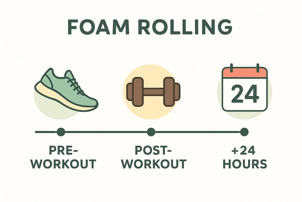 A timeline graphic illustrating the best times to foam roll, with icons indicating pre-workout (a running shoe), post-workout (a dumbbell), and 24 hours later (a calendar showing 24).
