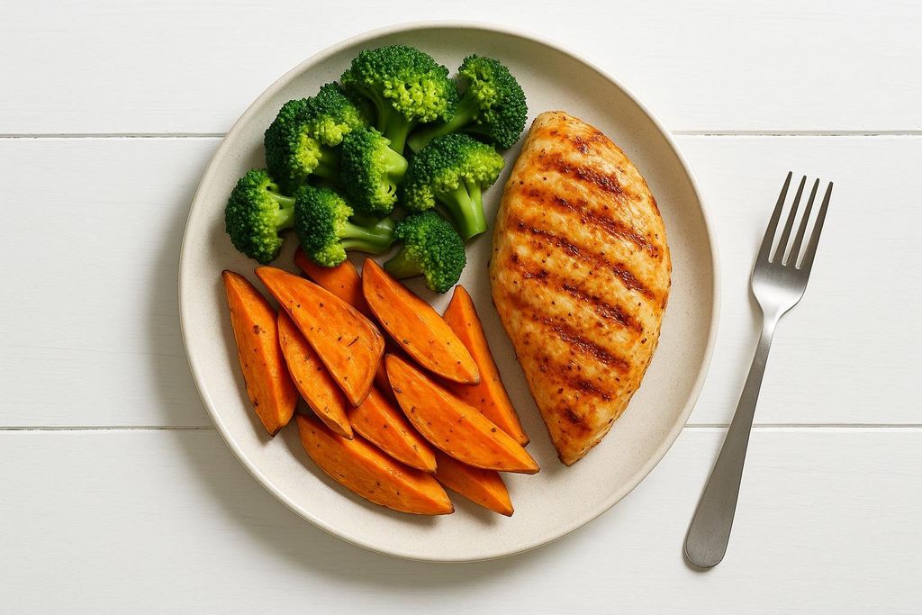 A balanced meal served on a round plate, featuring a grilled chicken breast, steamed broccoli florets, and roasted sweet potato wedges. A silver fork rests next to the plate on a white wooden table.