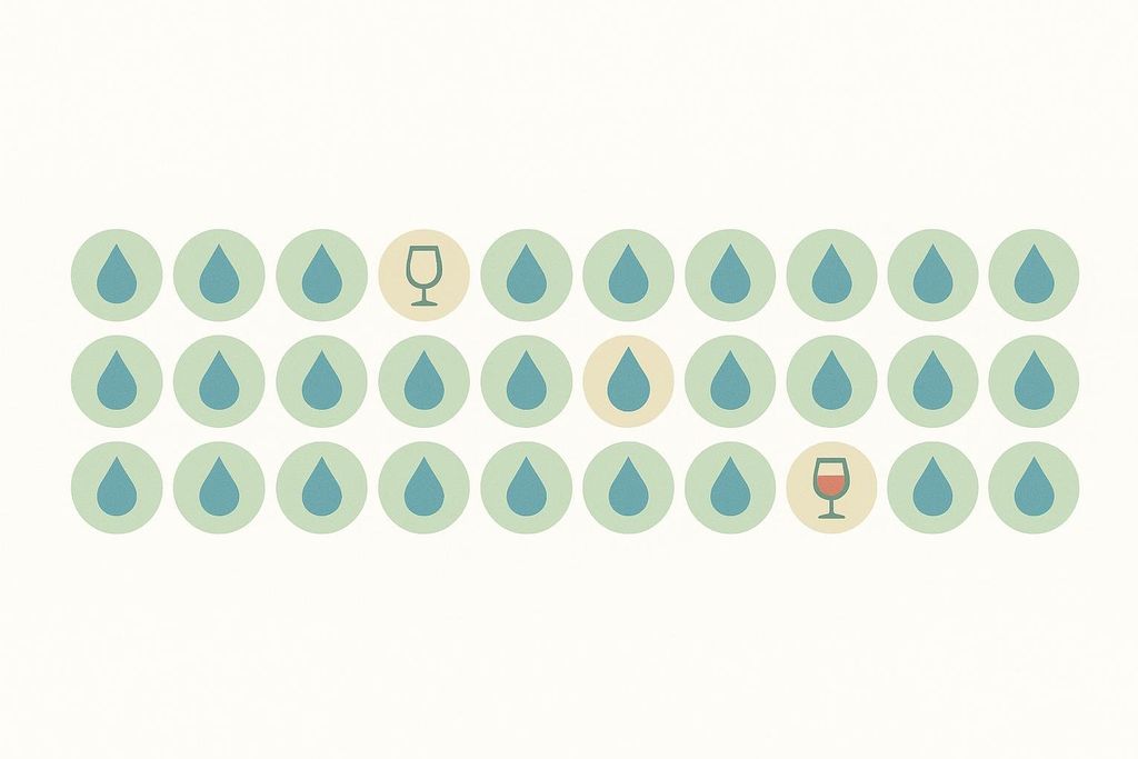 A grid of light green circles on a white background, symbolizing the days of a month. Most circles contain a blue water droplet, while two circles contain an outline of a wine glass, illustrating the concept of 'Damp January'.