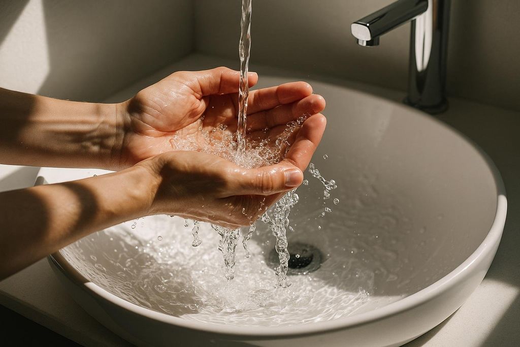 Close-up of hands cupped under a stream of water, with water splashing into a white ceramic basin beneath. Sunlight casts shadows into the basin.