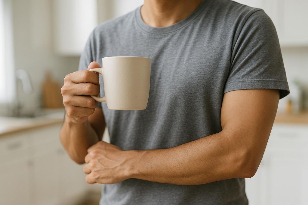 Close-up of a person in a grey t-shirt holding a cream-colored coffee mug, with their forearms crossed. The background shows a blurry kitchen.