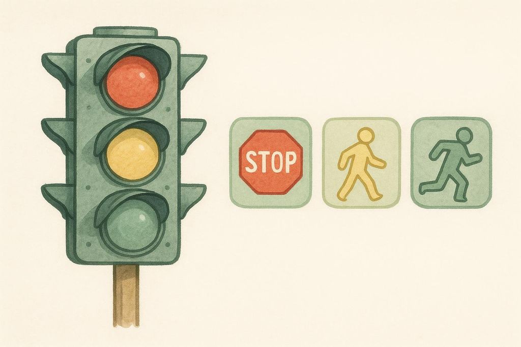 A stylized illustration of a traffic light with red and yellow lights illuminated, alongside three square icons. The icons depict a red stop sign, a yellow walking person, and a green running person, visually representing the phases of rehabilitation.