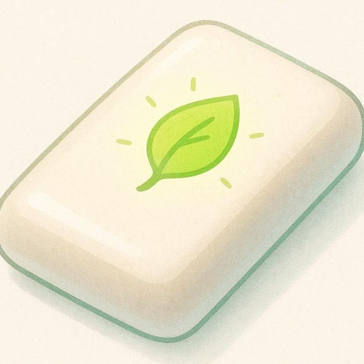 A stylized white rectangle with rounded corners, featuring a glowing green leaf icon in the center, representing natural ingredients.