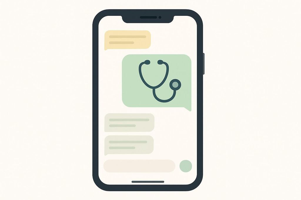 An illustration of a smartphone screen displaying a chat interface. One message bubble contains a stethoscope icon, symbolizing online medical consultation or chat, while other message bubbles are empty placeholders.