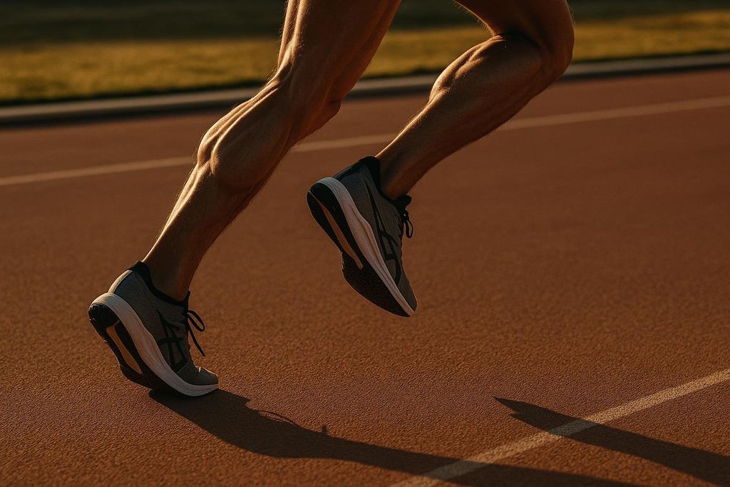 Close-up of an athlete's muscular legs and running shoes as they sprint on a reddish-brown track, with sunlight highlighting the details.