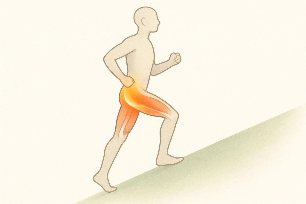 An anatomical illustration showing glute and hamstring muscle activation during incline walking. The glute and hamstring muscles are highlighted in orange and red, indicating their engagement during the upward movement on an incline.