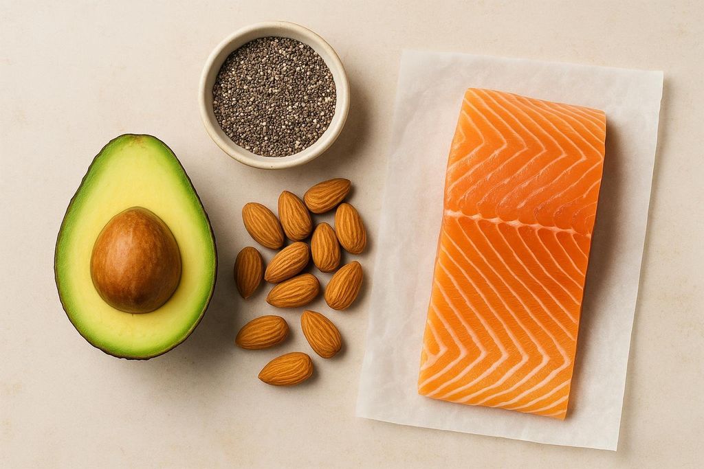 Overhead view of a halved avocado, chia seeds, raw almonds, and a salmon fillet.
