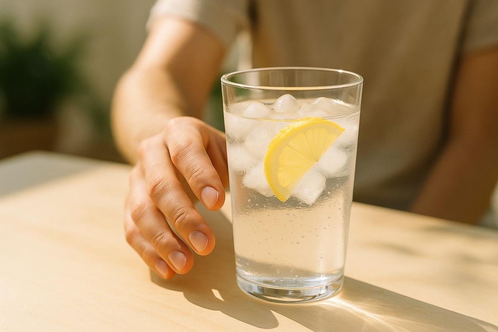 A person's hand reaches for a glass of ice water with a lemon slice, sitting on a wooden table in sunlight.