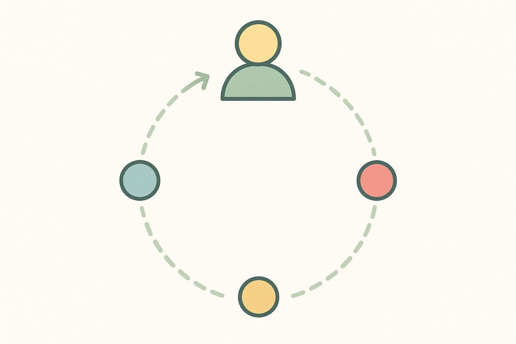 Abstract illustration depicting a cycle with four points arranged around a central human figure icon. A dashed arrow indicates movement in a cycle, suggesting quarterly health tracking or a continuous feedback loop.