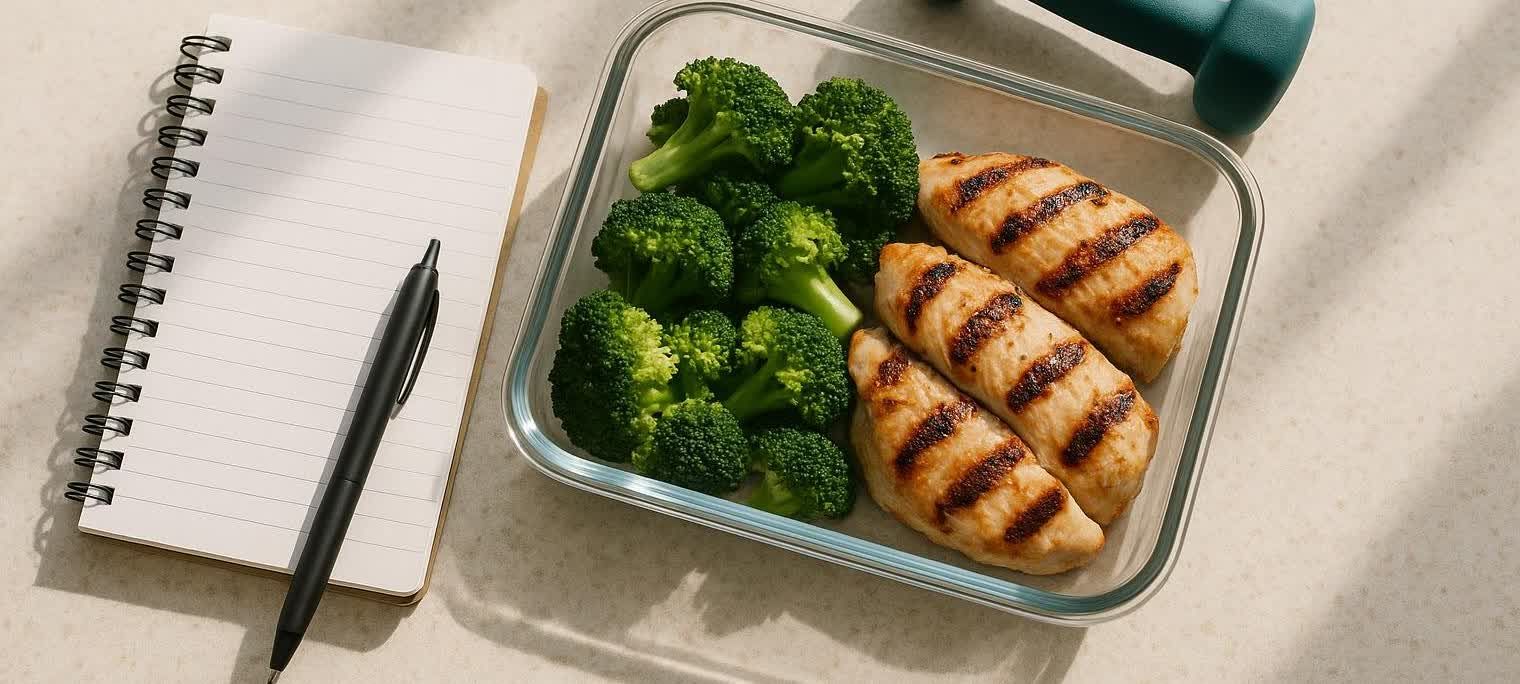 Meal prep container, notepad, and weights on a kitchen counter