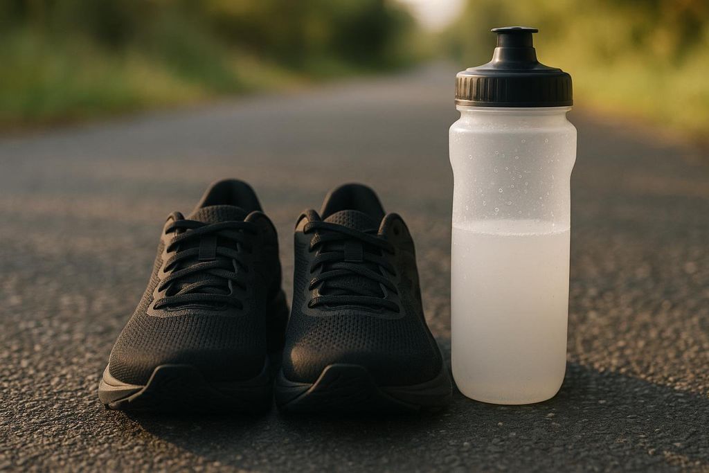 A pair of black running shoes sit next to a translucent sports water bottle containing a light-colored liquid, both on a paved outdoor path. The background shows blurred green foliage.