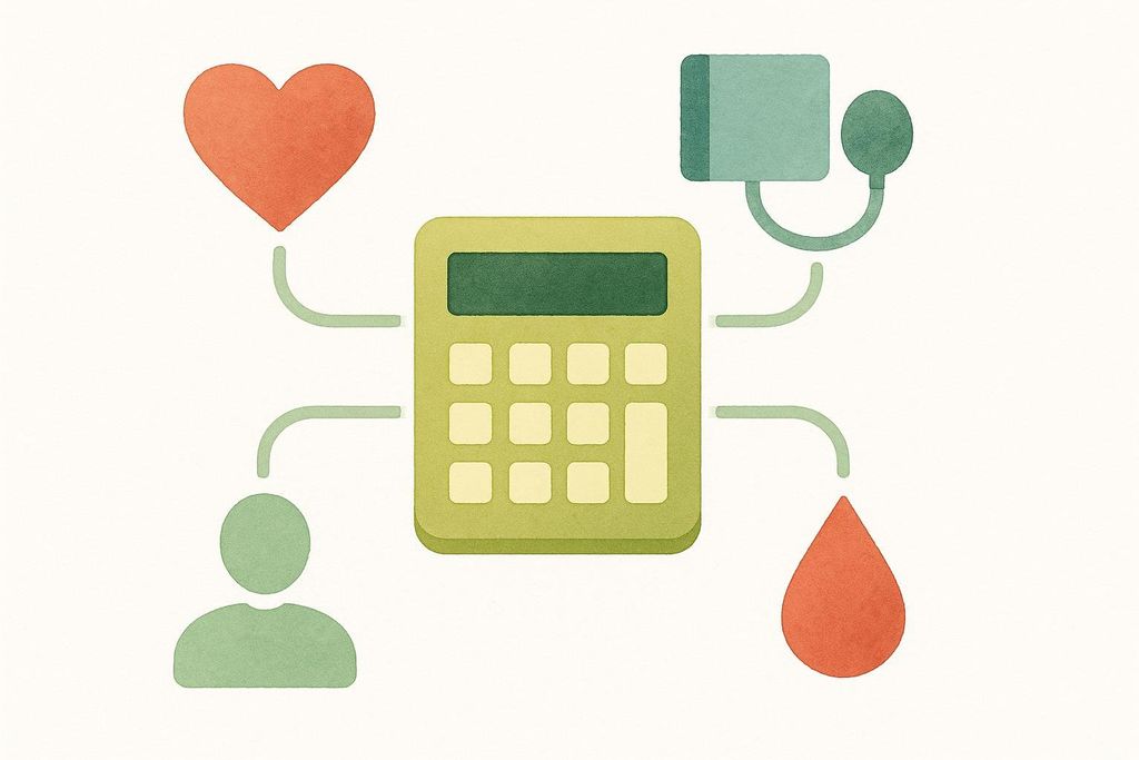 A stylized diagram illustrating the inputs for an ASCVD risk calculator. A green calculator in the center receives inputs from a red heart icon (representing cardiovascular health), a green person icon (demographics), a blue blood pressure cuff (blood pressure), and a red blood drop (cholesterol/diabetes). Arcs connect each input icon to the calculator.