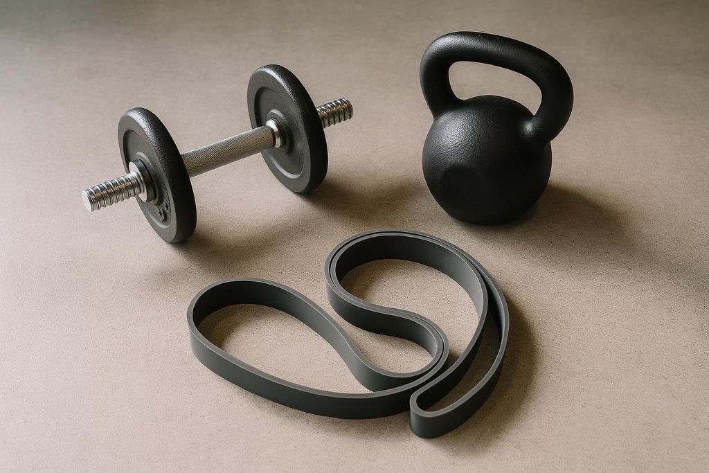 Neatly arranged gym equipment (dumbbell, kettlebell, resistance band) on a gym floor, ready for a workout.