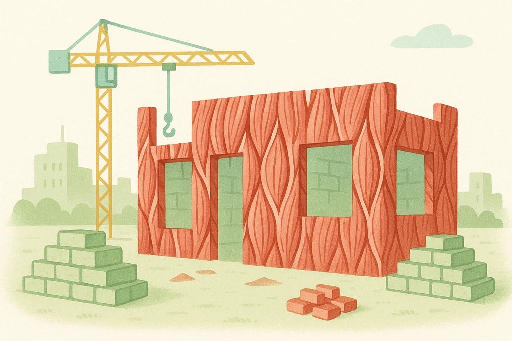 An illustration of a construction site with walls made of red muscle fibers and a crane with a question mark as the hook. Piles of green bricks are on each side of the building, and a small pile of red bricks is in front. In the background are faint gray city buildings and a light blue cloud.