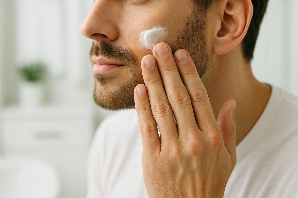 A man with a beard, wearing a white t-shirt, is shown in a close-up applying a dollop of white moisturizer to his cheek with his right hand. The background is blurred, showing a light-colored interior.