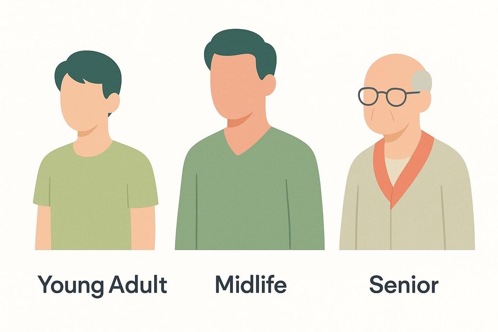 An illustration showing three human silhouettes representing a lifespan progression from a young adult, to midlife, and finally to a senior, with text labels below each figure.