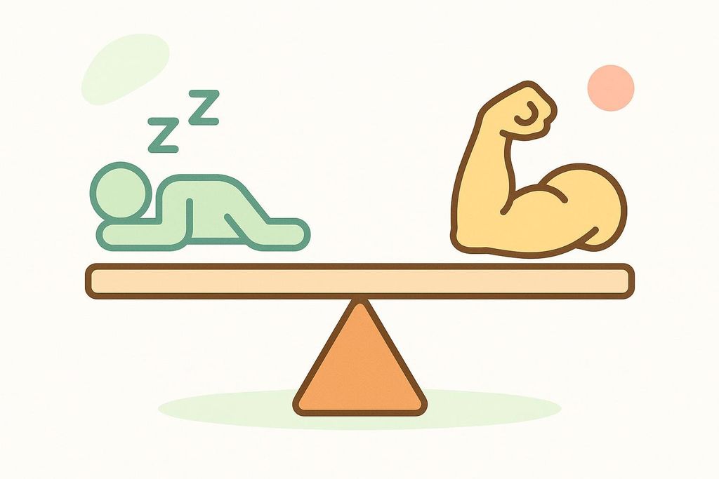 An illustration of a seesaw balancing proper sleep, represented by a sleeping figure with 'Zz' above it, and muscle strength, represented by a flexing bicep.
