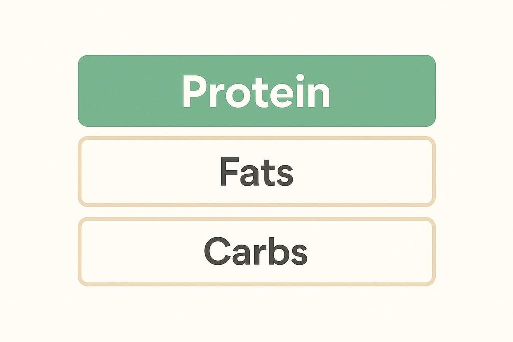 Bar chart diagram with a full green bar for Protein, indicating high content, and empty beige bars for Fats and Carbs, indicating low or no content.