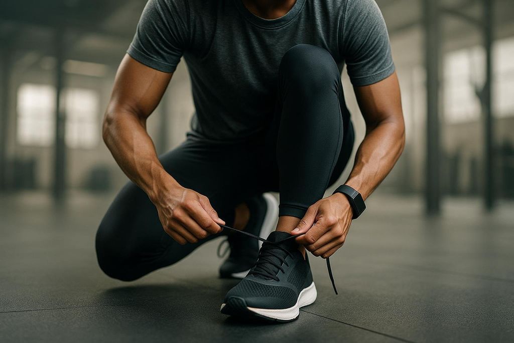 A person in athletic wear, including a black t-shirt and black leggings, crouches down to tie the laces of their black and white running shoe. Their forearms show visible veins, and a black smartwatch is on their left wrist. The background is a blurred gym with dark flooring.