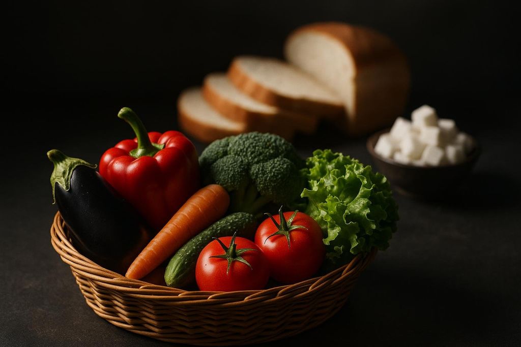 A basket of fresh vegetables including eggplant, bell pepper, carrot, cucumber, broccoli, lettuce, and tomatoes sits in the foreground. In the blurred background are slices of white bread and a bowl of sugar cubes, representing processed foods.