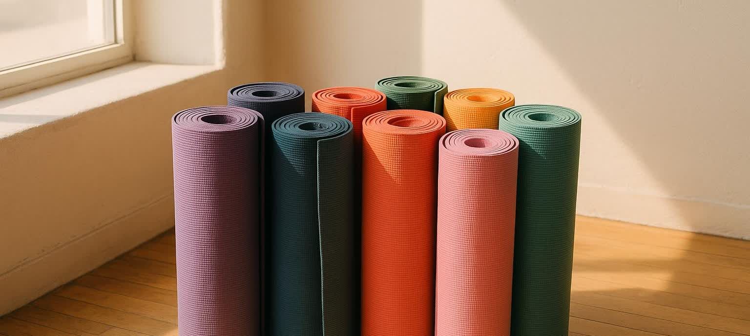 Several yoga mats in various colors including purple, dark teal, orange, pink, yellow, and green, standing upright on a wooden floor near a window.